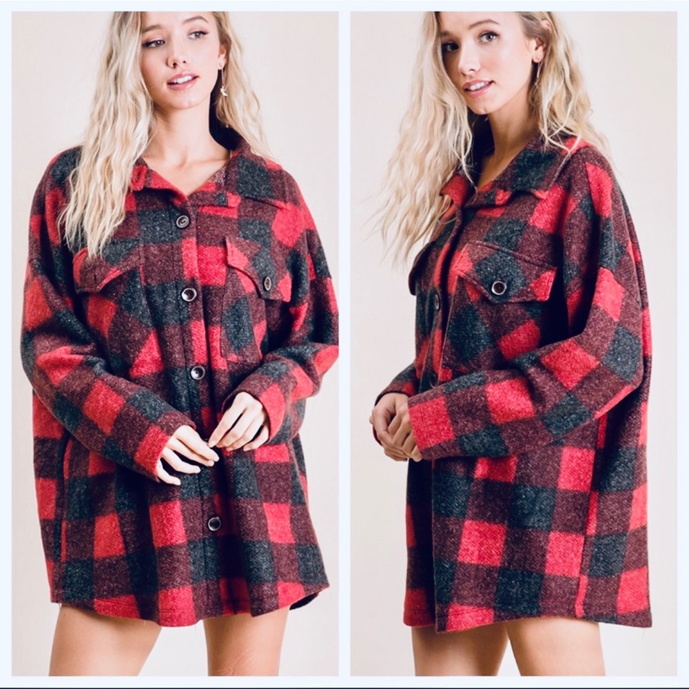 It’s All About The Buffalo Red Plaid Shacket Check Print Shirt Top Jacket - Picture 2 of 7